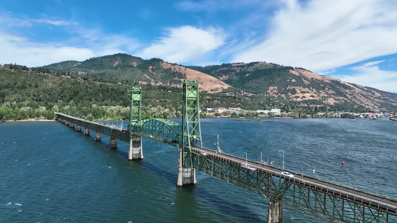 Aerial view flying around the Hood river bridge, sunny, summer day in Oregon, USA
