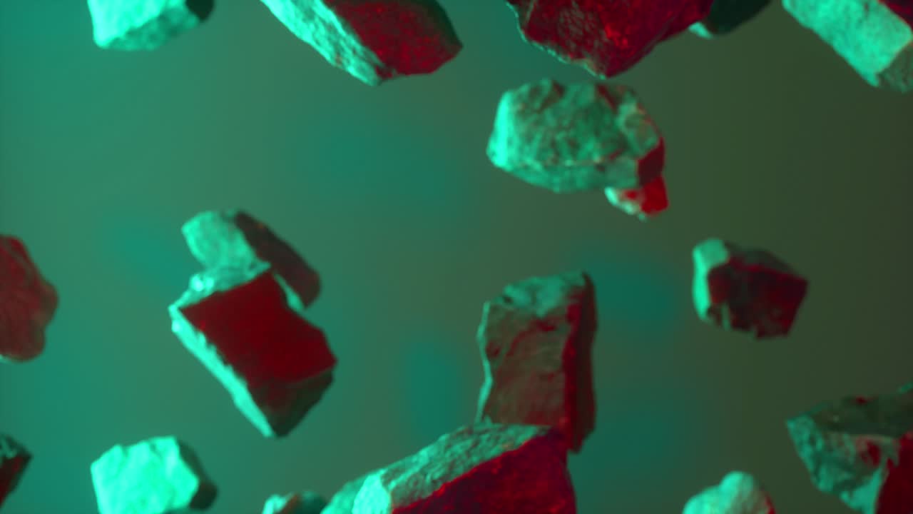 네온 녹색 은 배경에 설치 된 바위. 플라이 바위 조각 배경. 브랜드 및 패키지 프레젠테이션을위한 최소한의 추상적인 배경. 광고 디자인을위한 모 템플릿. 4k에서 3d 애니메이션 루프.