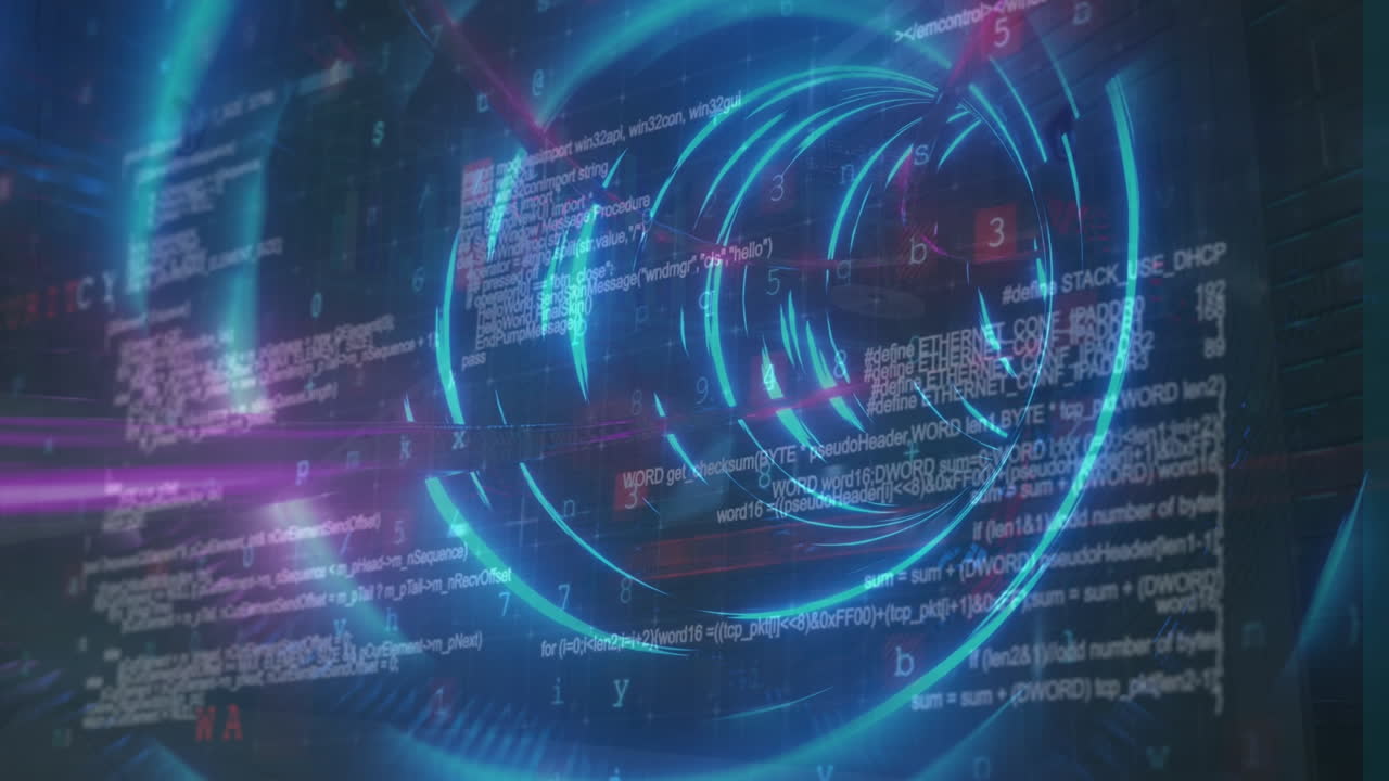 움직이는 불빛으로 만든 터널에서 데이터 처리의 애니메이션