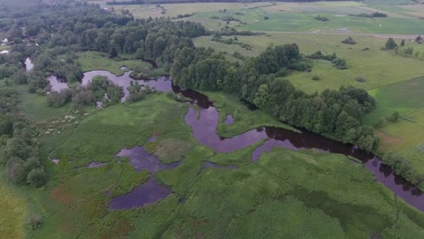 the river winds between green fields and trees