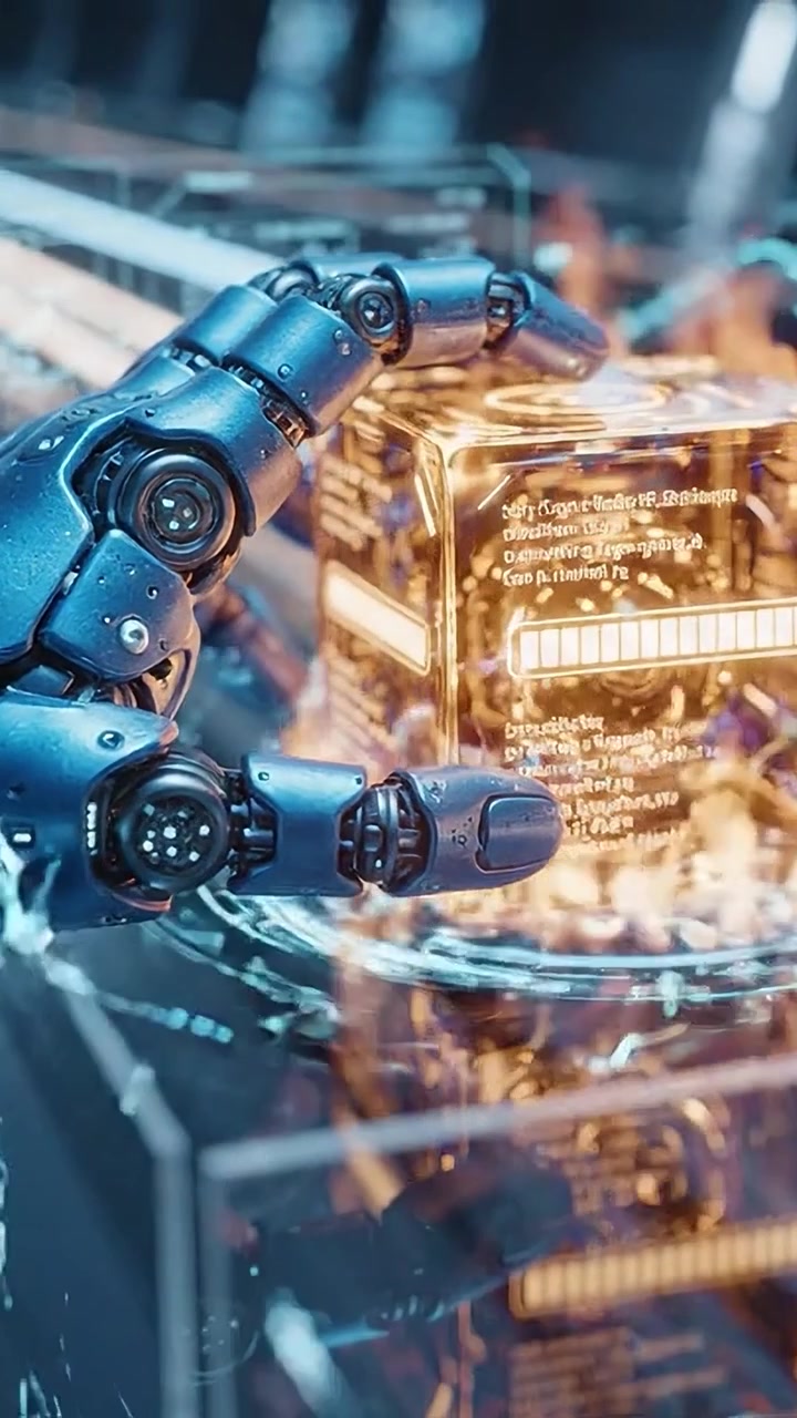 Una mano robotica futuristica interagisce delicatamente con un cubo luminoso e traslucido, mettendo in mostra tecnologia avanzata e i dettagli intricati della robotica moderna