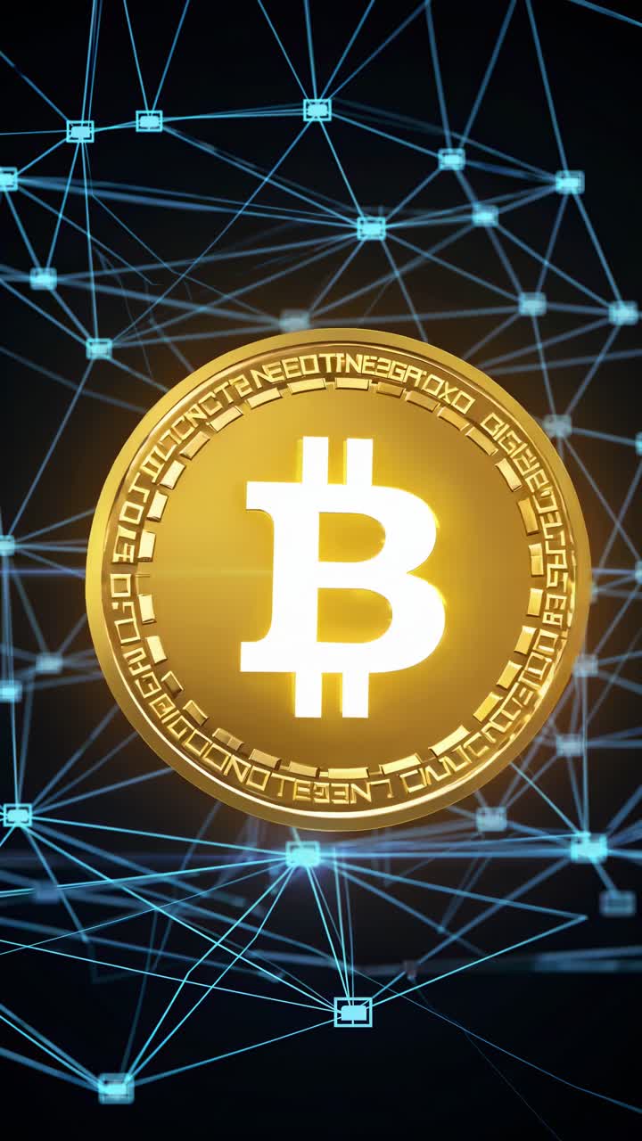 Rotating golden bitcoin on a blockchain network background illustrates the dynamic world of cryptocurrency, highlighting the innovative future of finance and digital transactions