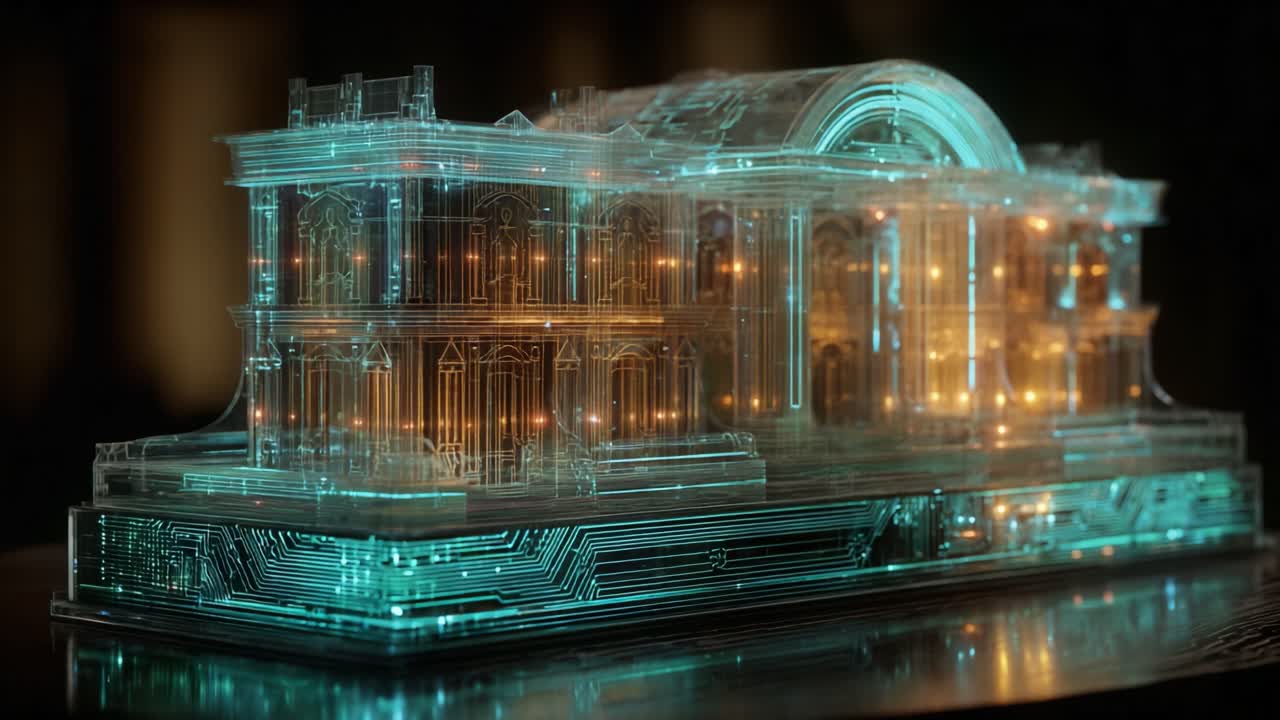 Digital wireframe model of a futuristic government or bank building with neon circuit board lights, holographic rotation and smart infrastructure concepts for finance and AI systems