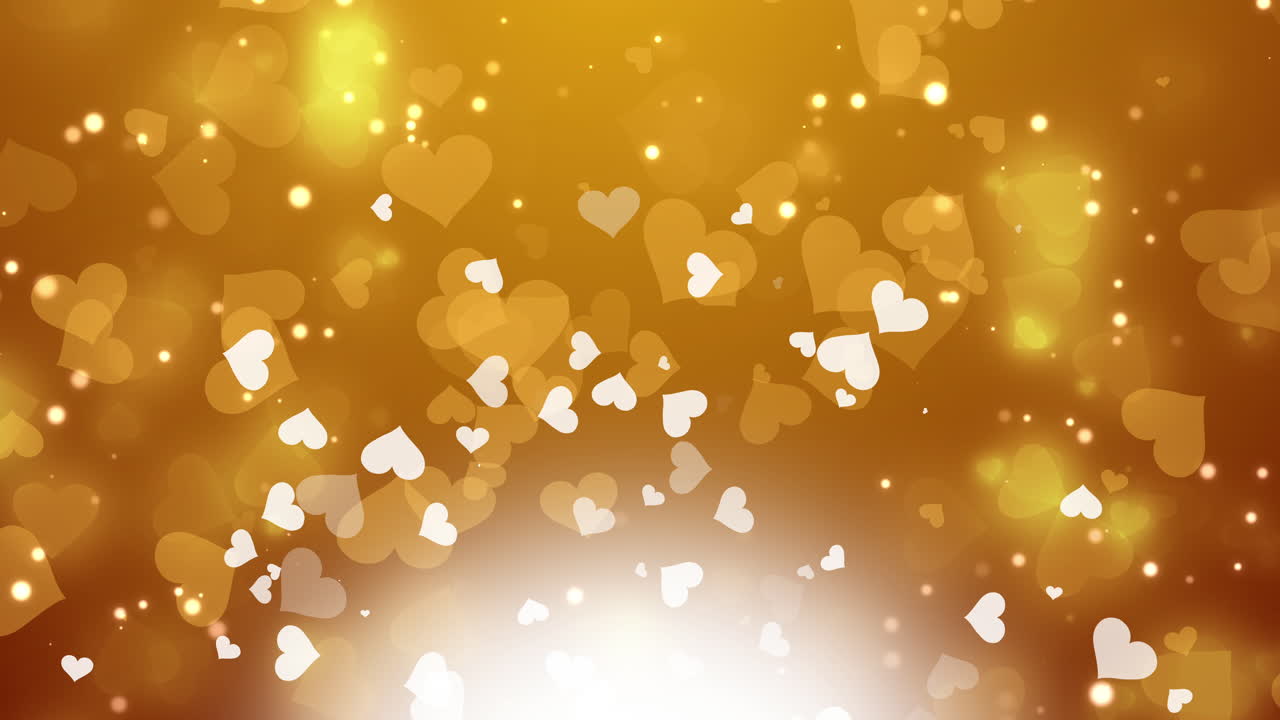 Yellow background with hearts decoration elements. Abstract romantic love animation of flying particle shapes. Looped movement of festive wedding graphics.