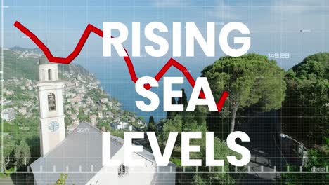 Animation-of-rising-sea-levels-over-financial-graph-and-seascape