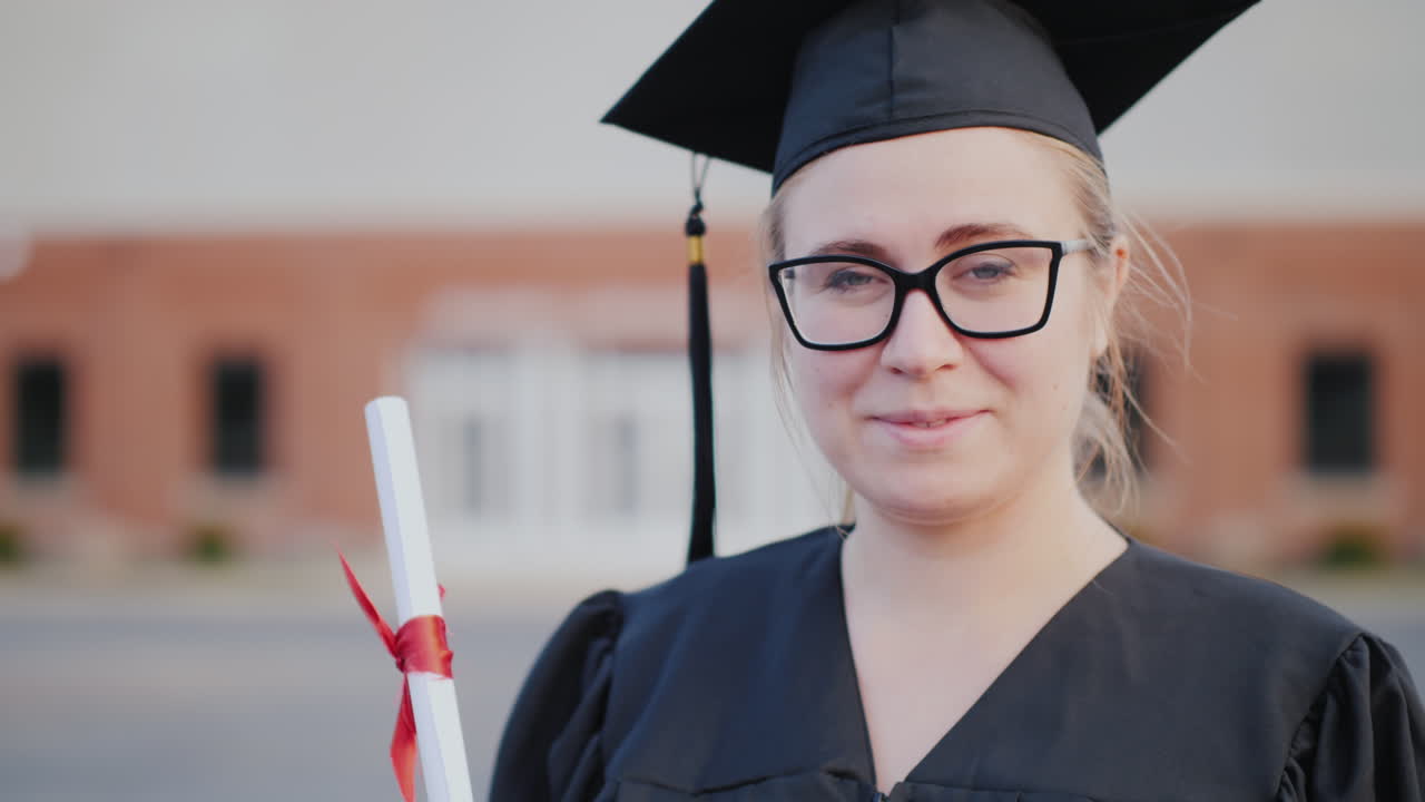 retrato de una graduada con gorra y manto en el fondo de un edificio universitario