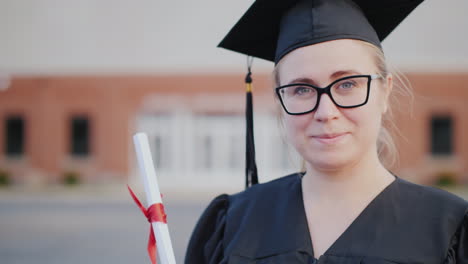 Portrait-Of-A-Female-Graduate-In-A-Cap-And-Mantle-On-The-Background-Of-A-College-Building