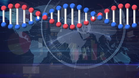세계 지도 위에 있는 dna 가닥의 애니메이션