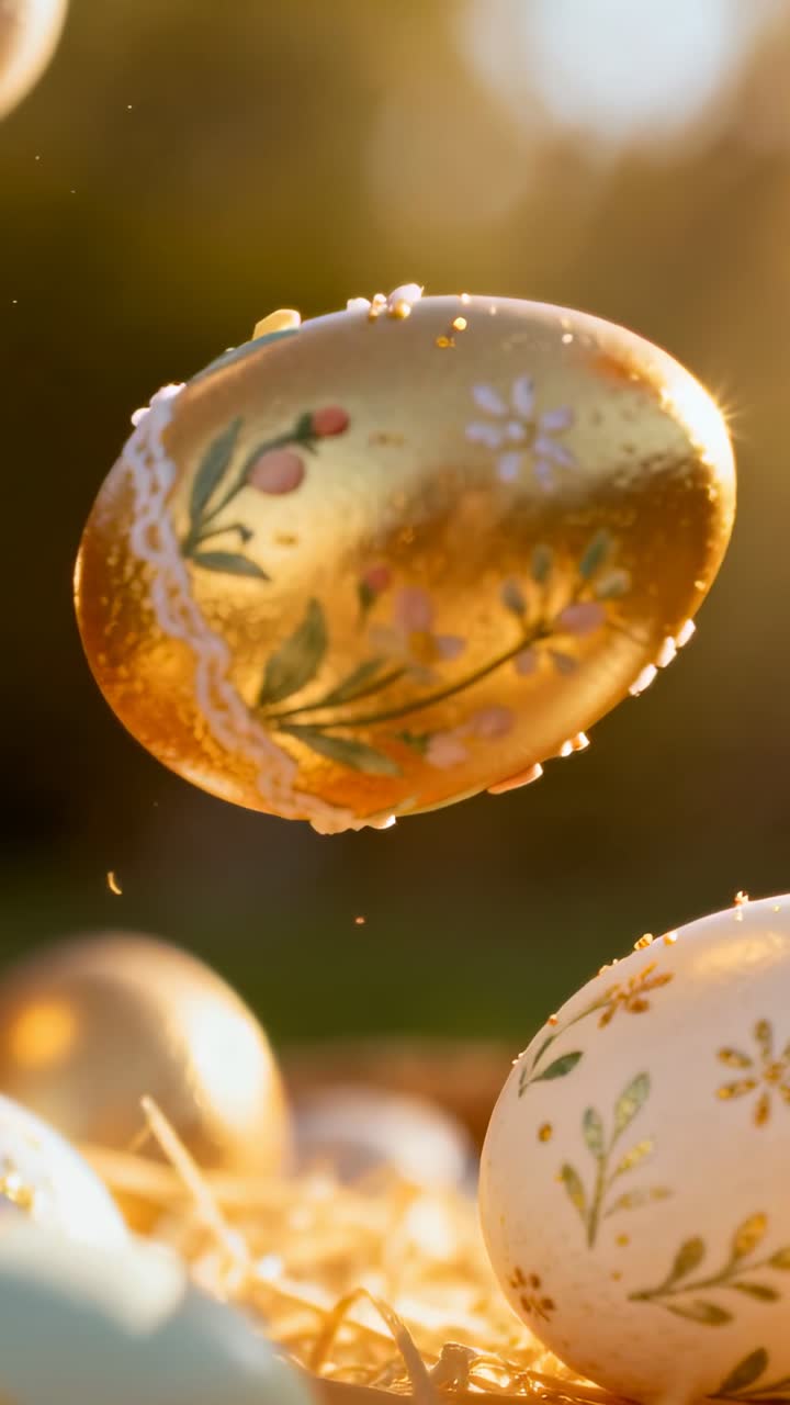Rotating ornate golden egg revealing painted florals above straw nest, with white decorated egg