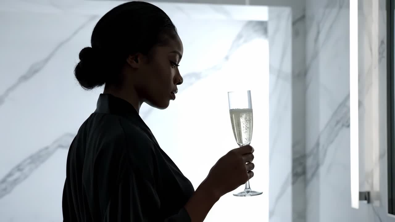 Woman with Champagne in Bathroom
