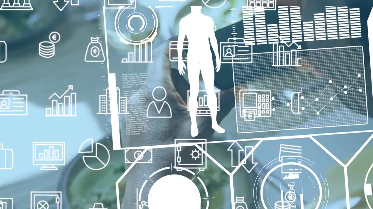 아이콘의 애니메이션과 데이터 처리가 스마트폰을 사용하는 아프리카계 미국인 사업가