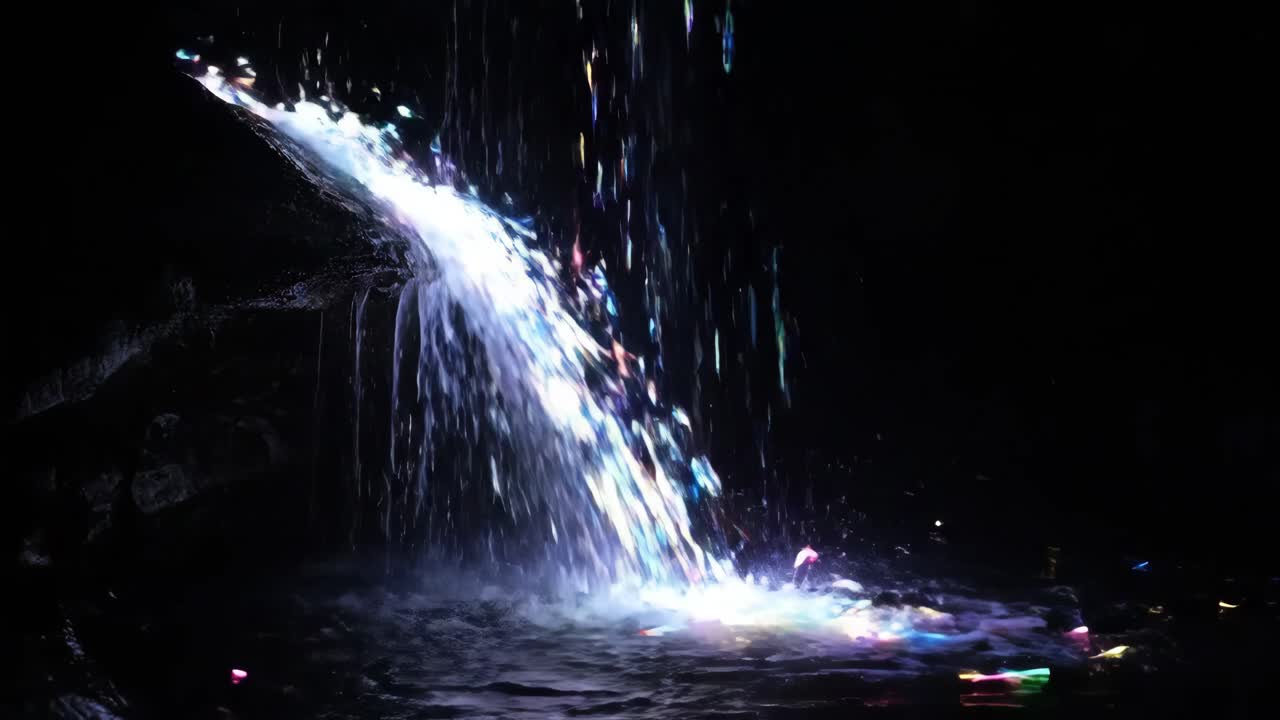 A waterfall at night