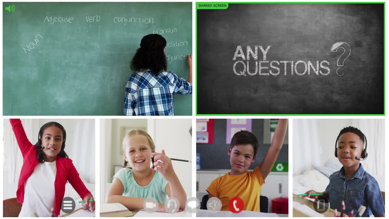 Animation of video call screens of chalkboard and diverse teacher and children having online lesson