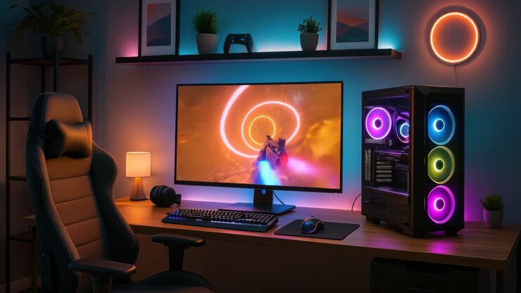 Una postazione da gaming accogliente con luci RGB, con una sedia elegante e un monitor che mostra un videogioco