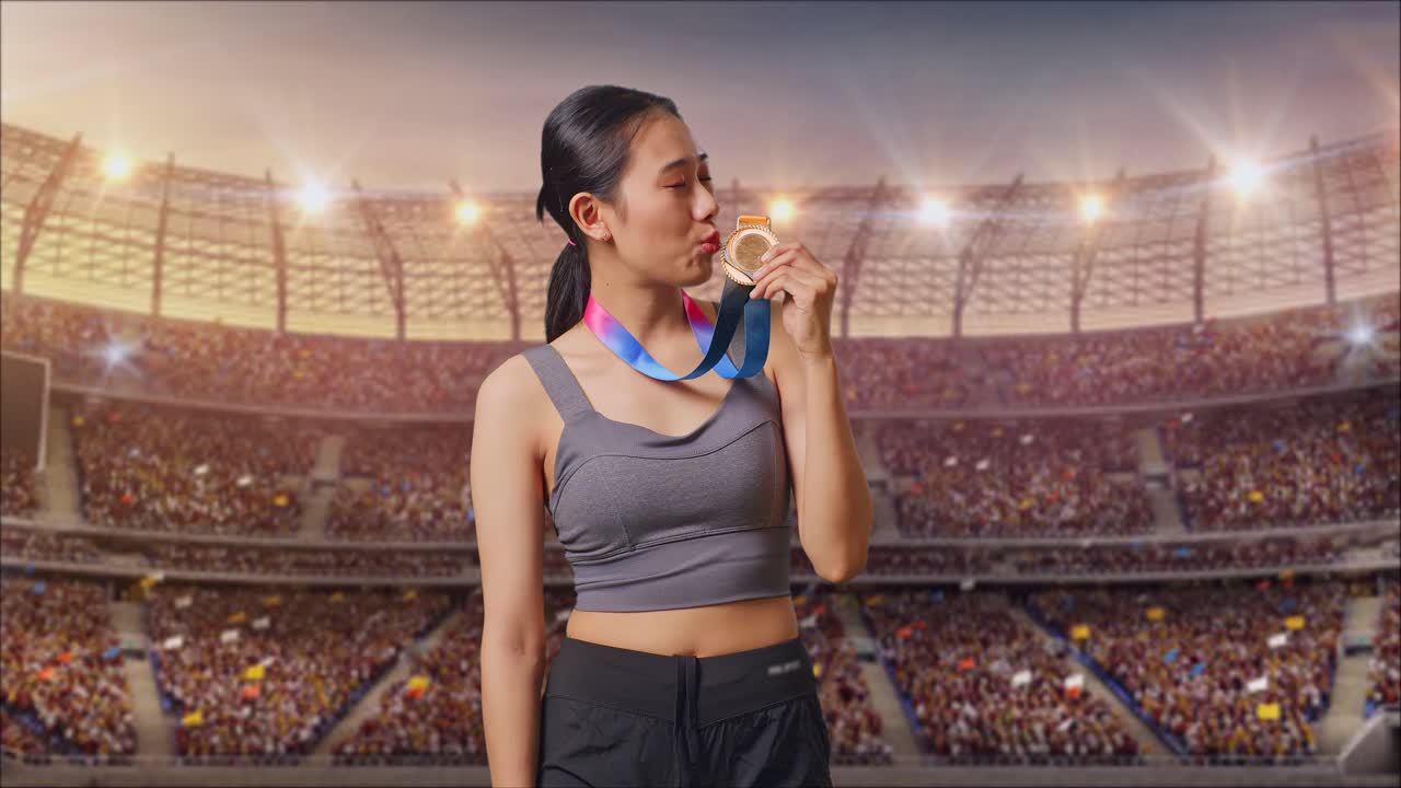 Woman Winning a Gold Medal in a Stadium