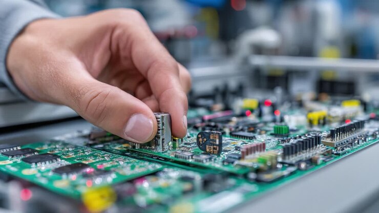 Intricate Assembly Process: Close-Up of a Hand Inserting a Component onto a Circuit Board in a High-Tech Electronics Environment