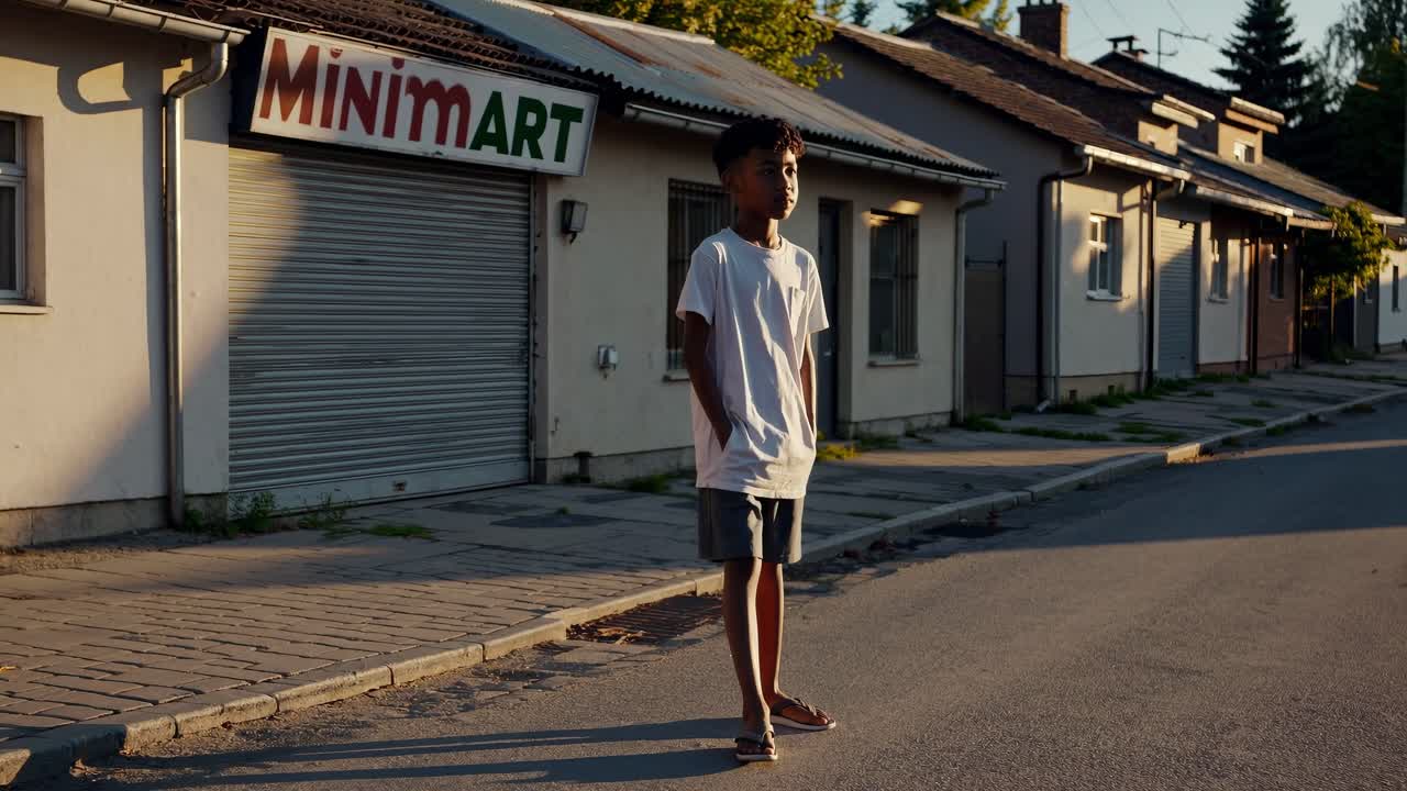 Young boy walks down a quiet suburban street in late afternoon, passing by small businesses and houses with the warm sunlight casting long shadows