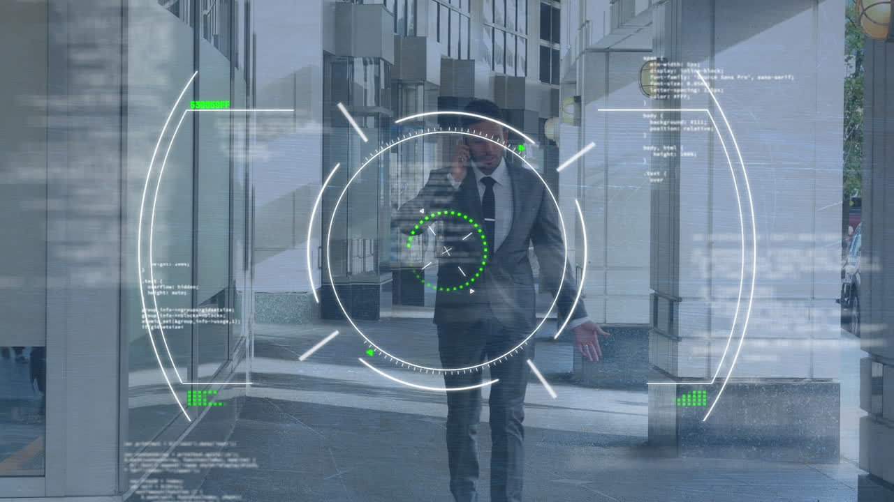 Animation of scope scanning and programming codes over caucasian businessman talking over cellphone