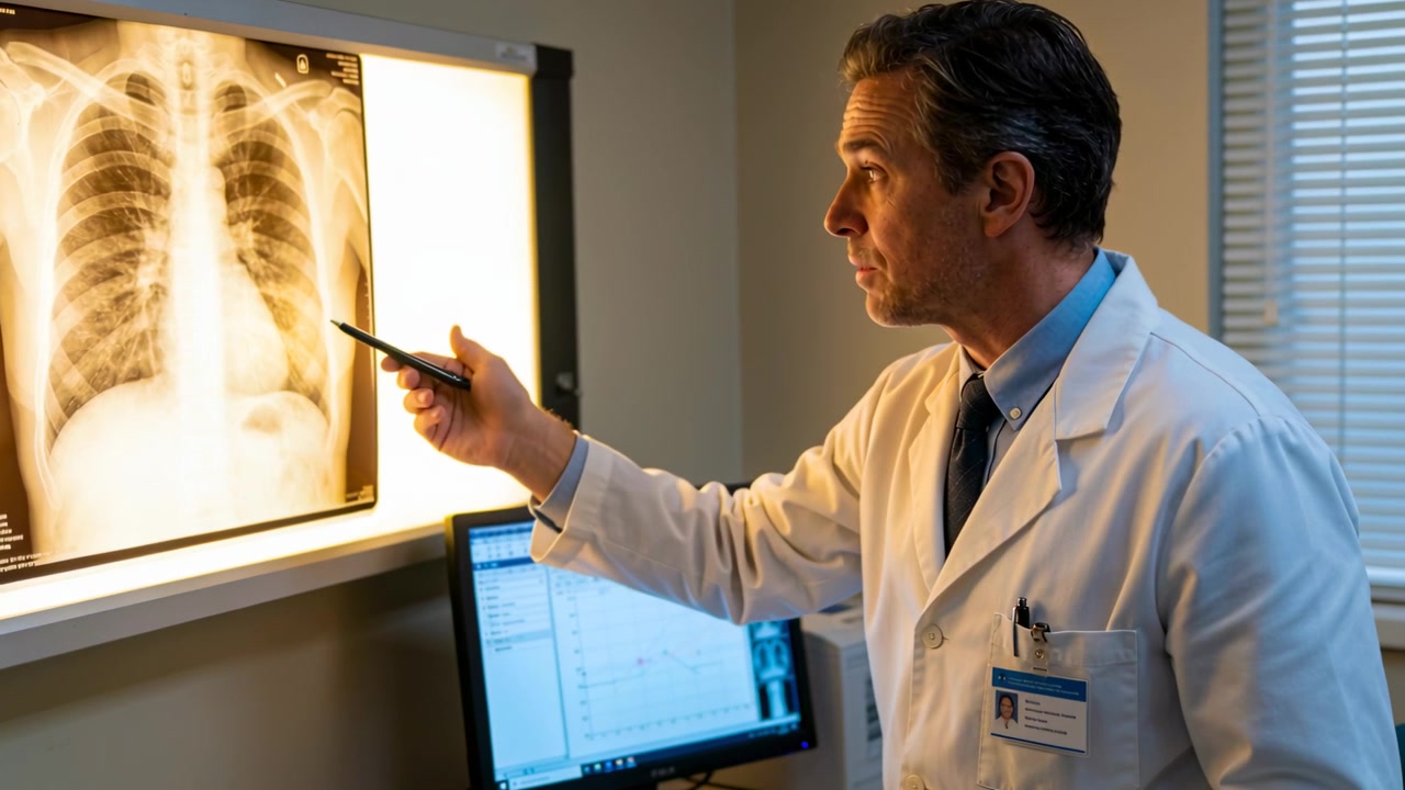 Reading chest X-ray on backlit viewer, pen-holding doctor in lab coat correlating with monitor