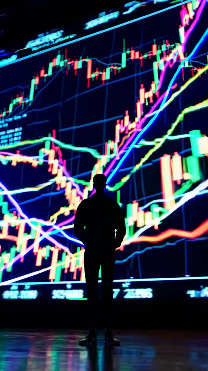 Silhouette di una persona in piedi davanti a un vibrante display digitale del mercato azionario.