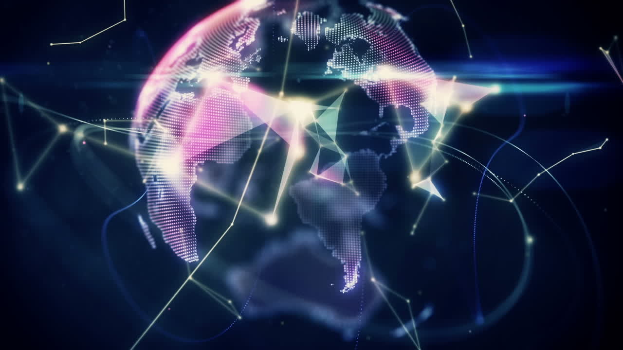 Animation of blue light trails and globe of plexus networks spinning against black background