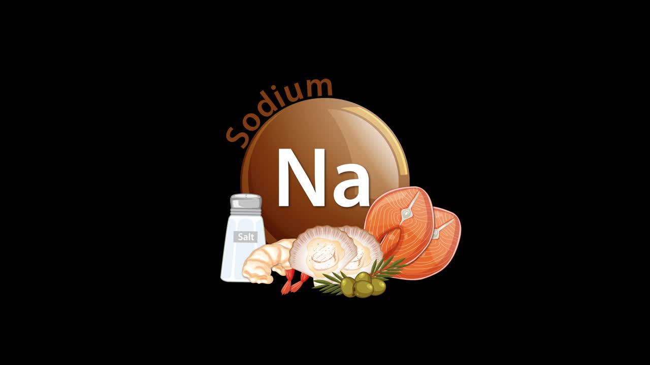 A sodium element icon transitions to include food sources like salt, shrimp, and vegetables, with smooth movement and clear labeling on a black background