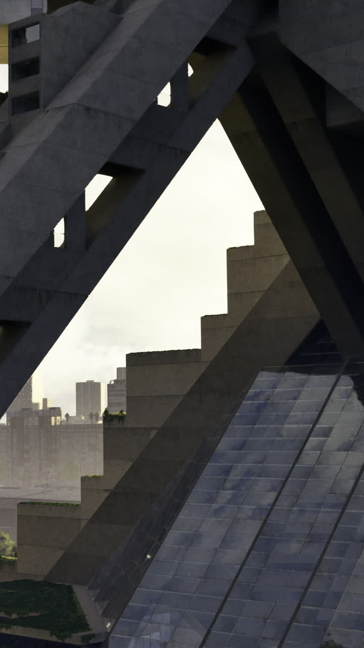 Arquitetura exibe formas geométricas com edifícios no plano de fundo da cidade.