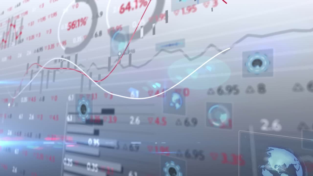 회색 배경의 다중 둥근 스캐너에 대한 주식 시장 데이터 처리