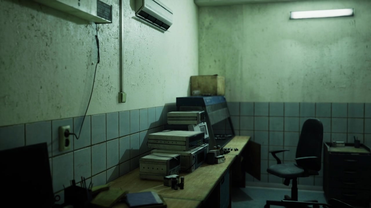 Tomt operationscenter med uorganiserede stationer og blotlagte ledninger.