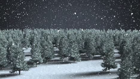 Digital-animation-of-snow-falling-over-multiple-trees-on-winter-landscape