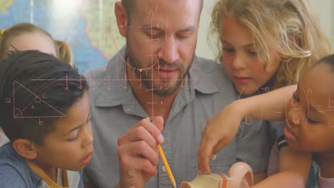 animation of math formulas over diverse pupils and male teacher at school