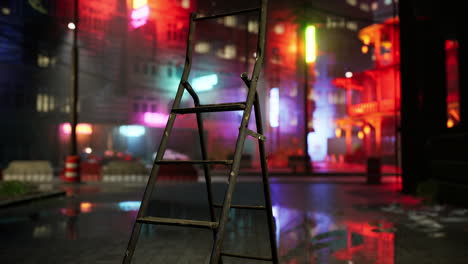 a rusty ladder stands in a dark alleyway with neon lights in the background