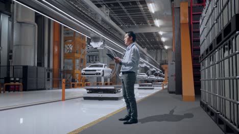 full body side view of asian male professional worker standing with his tablet in ev car factory, high-tech industrial facility, he observes by looking around before he come to concentrating with his tablet