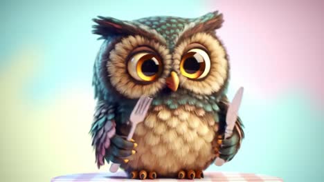 playful animated owl: a whimsical character prepares for a meal with utensils in a colorful, cheerful setting