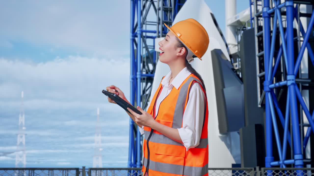 ingeniera revisando los planes del proyecto en el sitio de lanzamiento de cohetes