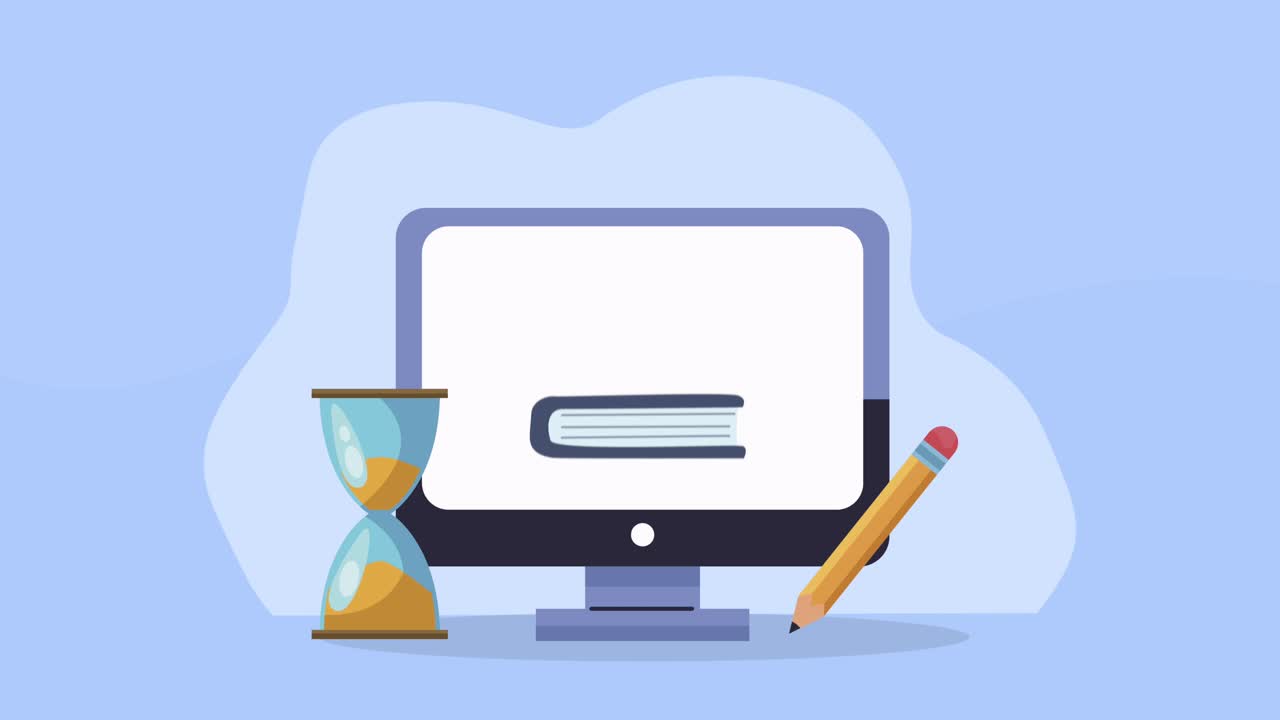 desktop with books and hourglass