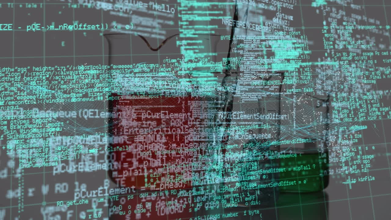 animación del procesamiento de datos y la estructura del adn sobre el vertido químico en un vaso de vidrio