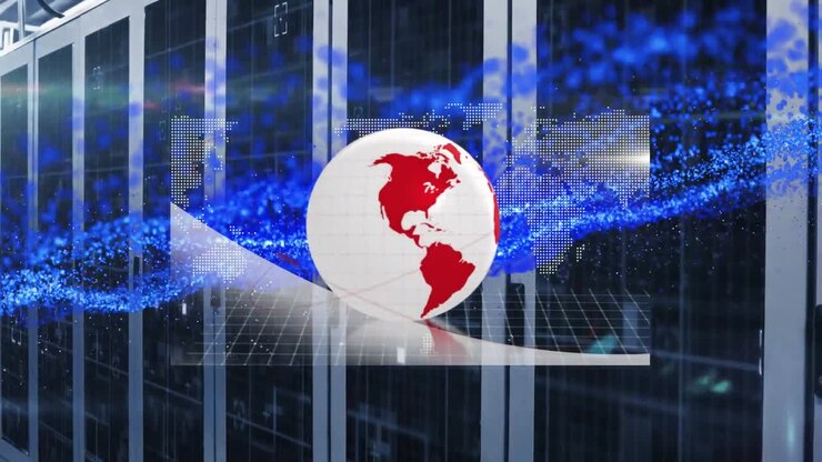 Animation of globe spinning and data processing with blue mesh over computer servers