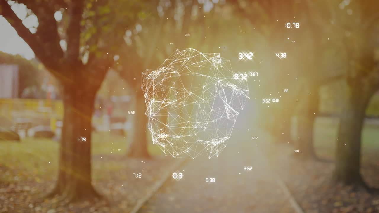 Geometric network and data points animation over park pathway with trees