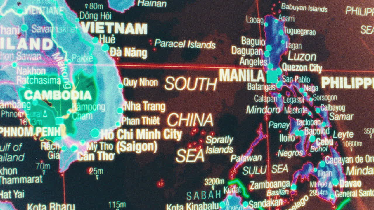 Close-up of a digital map displaying Southeast Asia