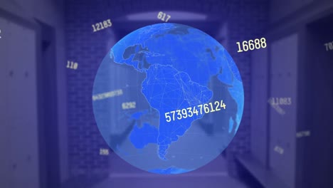 múltiples números cambiantes flotando sobre el globo giratorio contra el pasillo vacío de la escuela