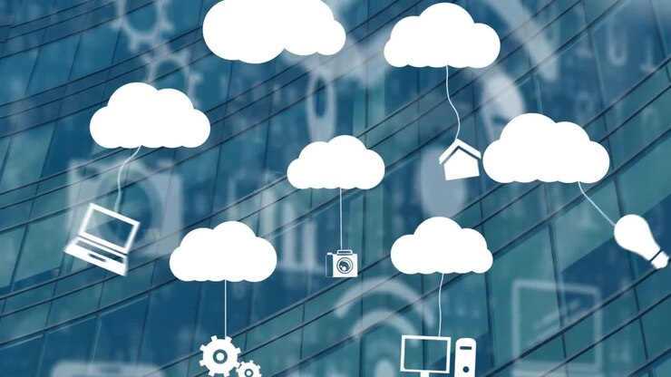 Animation of online digital cloud icons over modern building