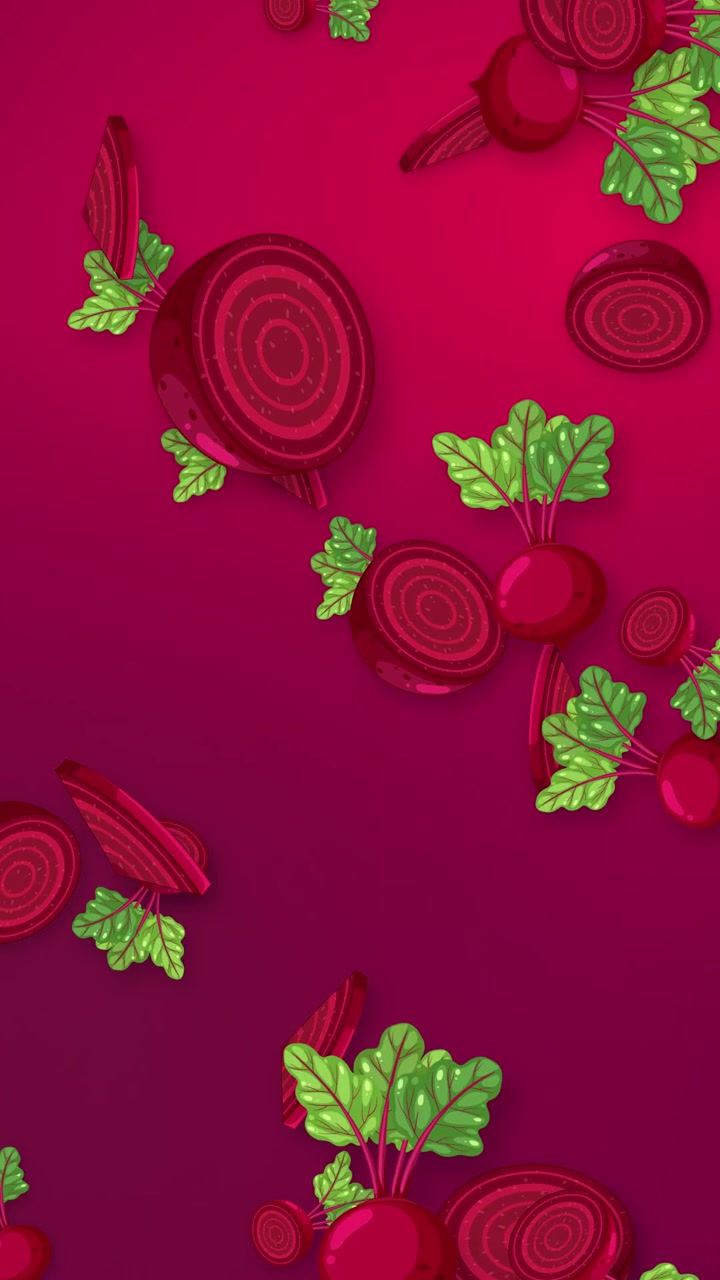 Stylized whole and sliced beetroots fall vertically against a vibrant pink mesh gradient background.