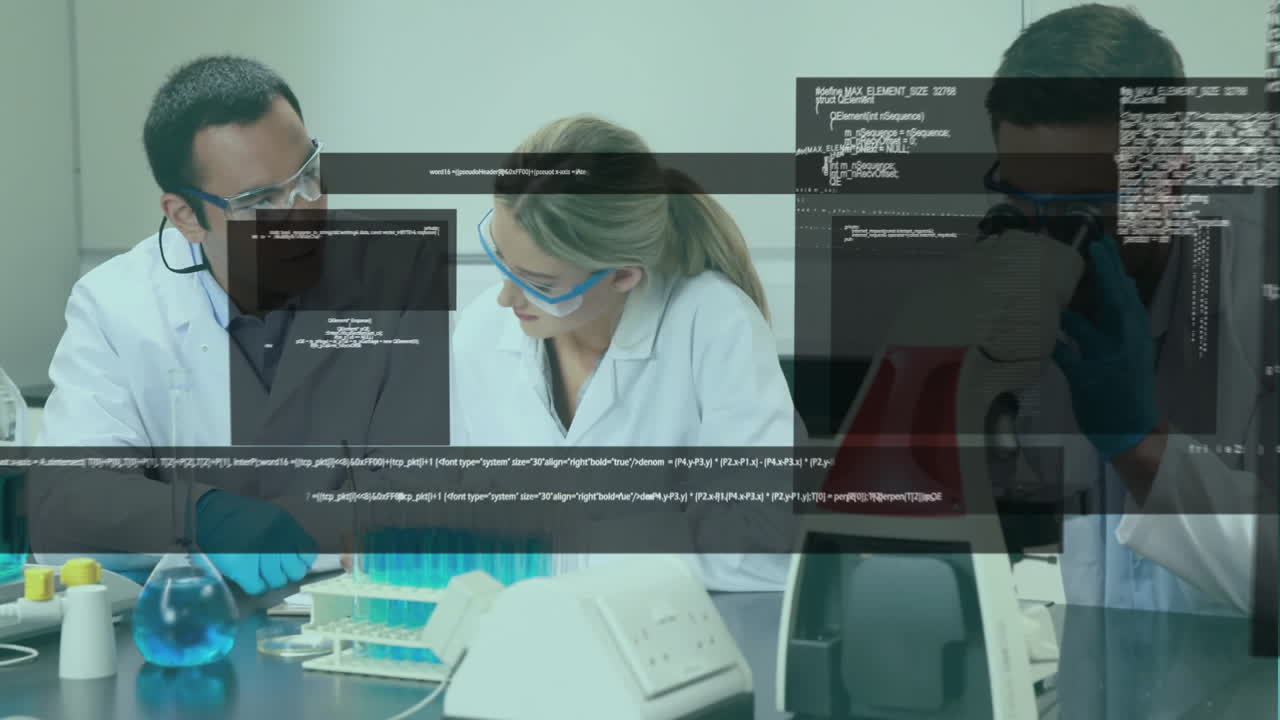 Animation of data processing over diverse scientists working in lab