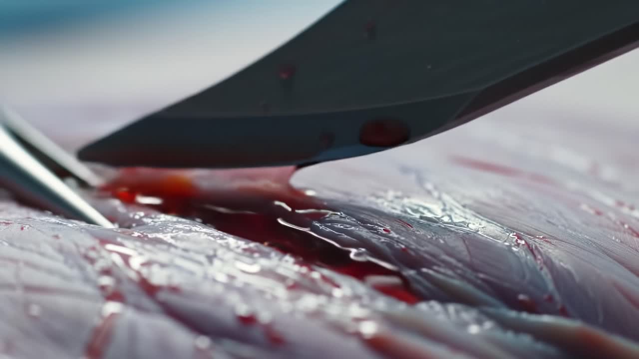 Detailed Close-Up of a Butcher's Knife Slicing Through Fresh Meat, Showcasing the Sheen of Blood and Utensils in a Culinary Context