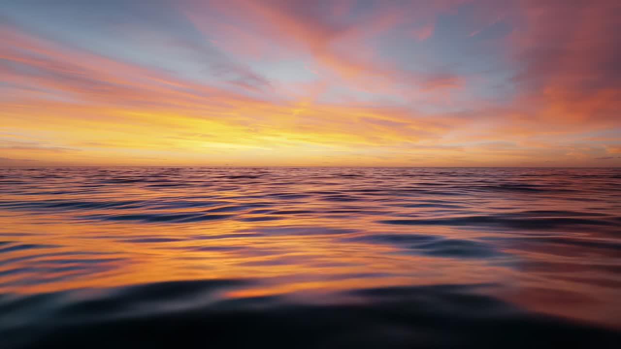 Capturing ocean surface rippling under rising sun and orange purple sky at water level, with waves