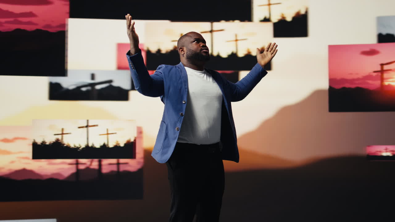 African american guy shows gratitude standing with hands in prayer sign
