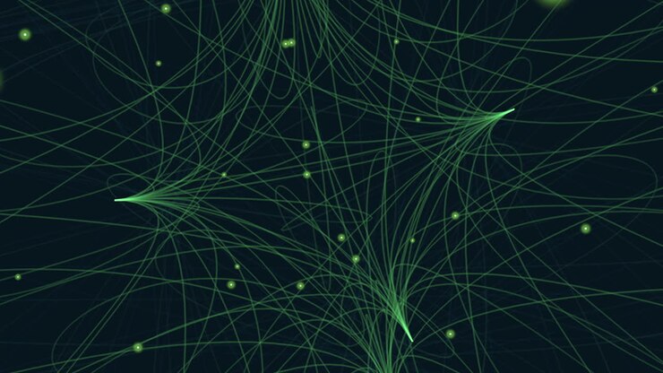 An abstract image showcasing a dynamic network of interconnected lines and floating dots, evoking a sense of movement and vitality within an intricate pattern