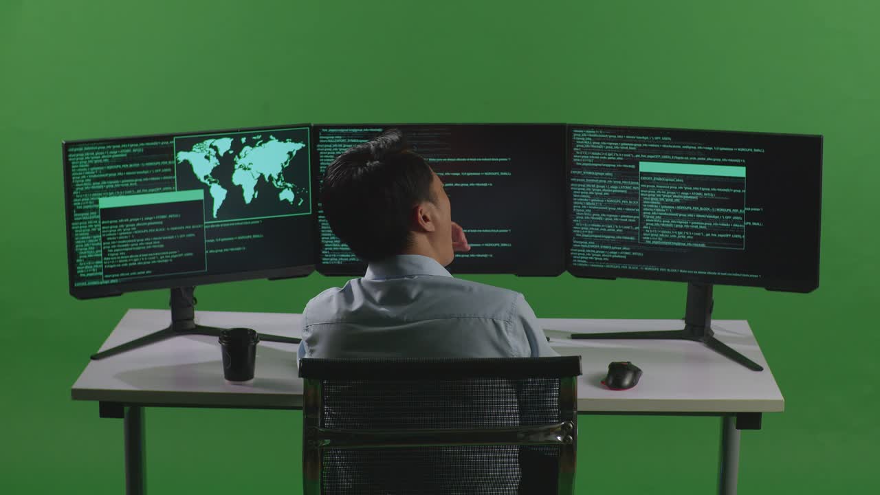 Back View Of Tired Asian Man Developer Yawning Before Sleeping While Write Code With Multiple Computer Screens In Green Screen Studio