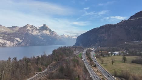 swiss highway traffic weesen  aerial view